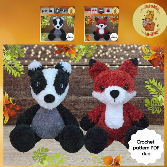 DIGITAL CROCHET PATTERN DUO: Benny the Badger & Rusty the Fox