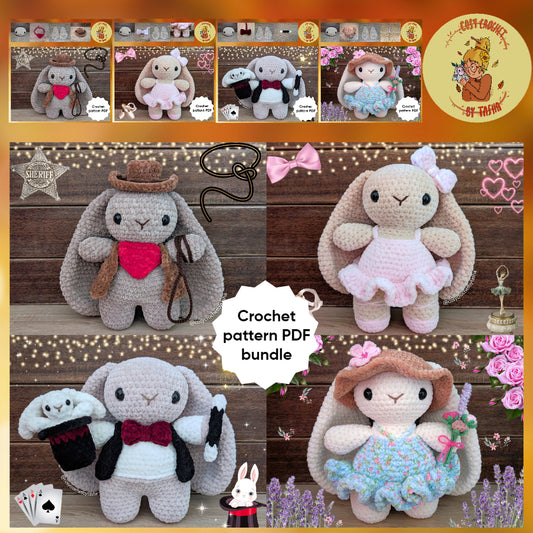 DIGITAL CROCHET PATTERN BUNDLE: Cowboy, Ballerina, Magician & Flower Bunny