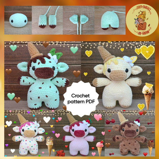 DIGITAL CROCHET PATTERN: Ice cream cows- Minty, Choccy, Sprinkles, Strawb & Lemony (5-in-1)