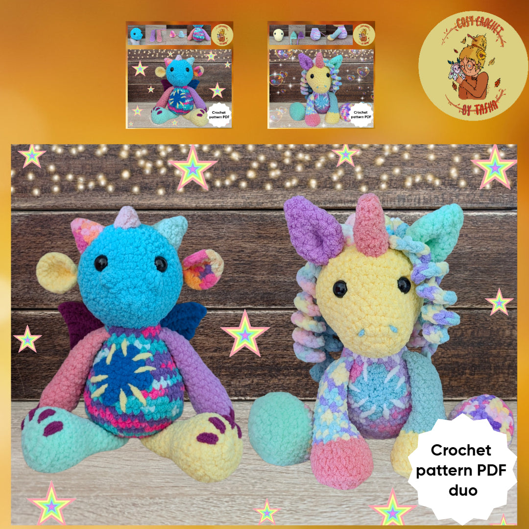 DIGITAL CROCHET PATTERN DUO: Scruffy Dragon & Raggedy Unicorn