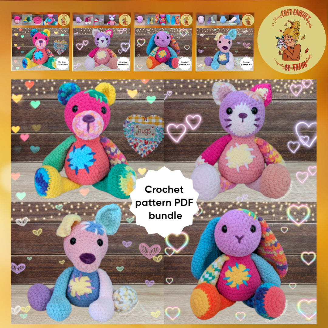 DIGITAL CROCHET PATTERN BUNDLE: Scrappy Bear, Stitchy Kitty, Patchy Puppy & Tatty Bunny