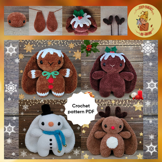 DIGITAL CROCHET PATTERN: Gingerbread Bunny, Xmas pudding bunny, Snowbunny & Reindeer bunny (4-in-1)