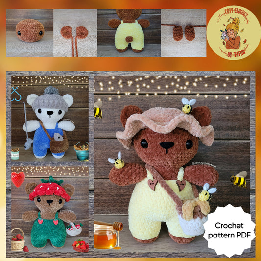 DIGITAL CROCHET PATTERN: Pip the strawberry picker, Bumble the bee friend & Finn the fisherman (3-in-1)