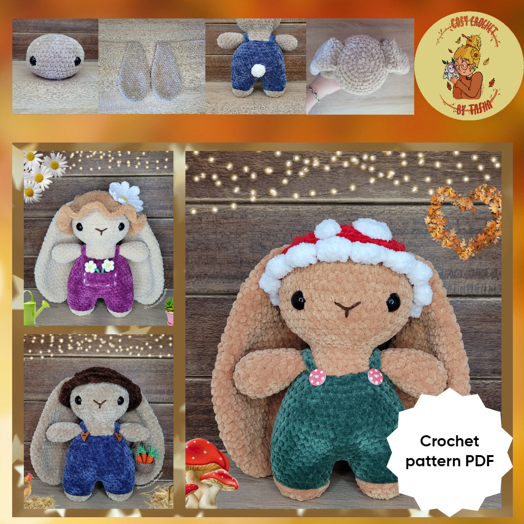 DIGITAL CROCHET PATTERN: Toadie the mushroom bunny, Bobbin the farmer bunny & Daisy the gardener bunny (3-in-1)