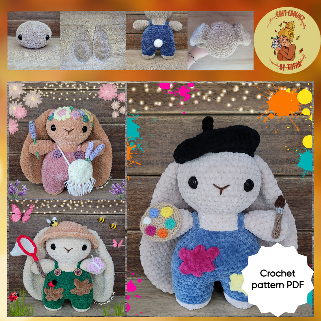 DIGITAL CROCHET PATTERN: Buggsy the nature bunny, Claude the artist bunny & Freya the boho bunny (3-in-1)